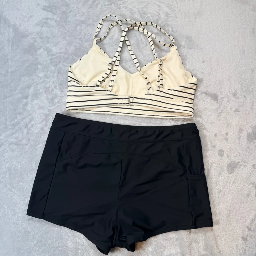 CALIA Striped Bikini Top and Time and Tru Swim Shorts Set Womens Large L 12-14